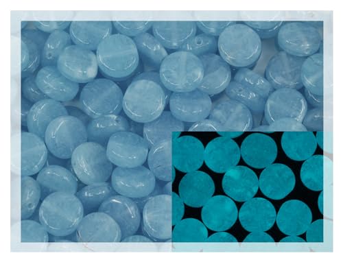 0.88oz (ab. 70pcs) Flat Round Coin 1-Hole Glass Beads, 0.31 inch (8mm), Czech Republic, Dirty Blue - Glow in The Dark Bright Blue - color: Coin beads, Blue + Glow