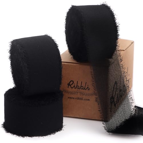 Ribbli Black Ribbon 1 Inch x 3 Rolls Total 24 Yards Handmade Fringe Chiffon Silk Ribbon for Wrapping Wedding Invitations Bridal Bouquets DIY Crafts Home Decor - color: Black