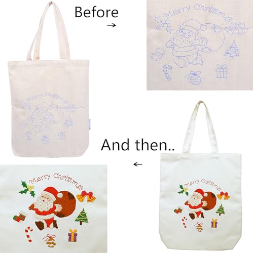 CREAWONDER Canvas Tote Bag Embroidery Kit with Pattern for Beginners, Arts and DIY Embroidery Crafts Kits for Adults, Include Instructions, Thimble, Embroidery Hoops, Color Threads and Tool - color: CR002 SantaClaus beige