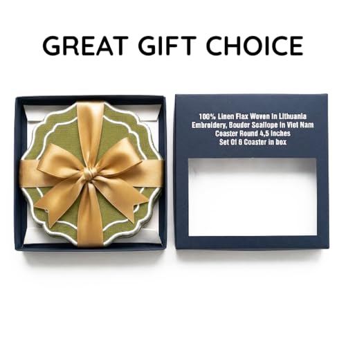 Linen Coasters for Drinks Set of 6, Oliver - color: 1121 - Olive, size: 6 inches