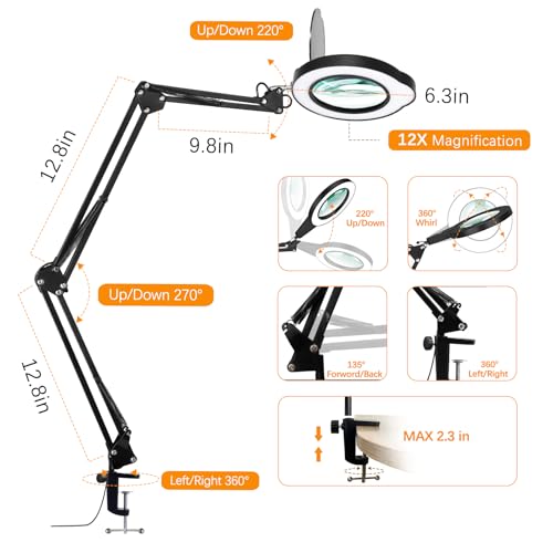 12XMagnifying Glass with Light and Stand|Magnifying Lamp with 3-Section Swing Arm,5 Color Modes LED Lighted Magnifier Lamp for Workbench (Black Ultra Long)