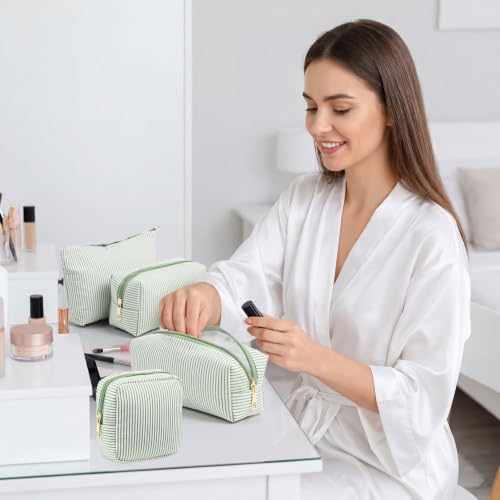 Sanwuta 4 Pcs Seersucker Pouch Striped Makeup Bag Set, Light Green - color: Light Green