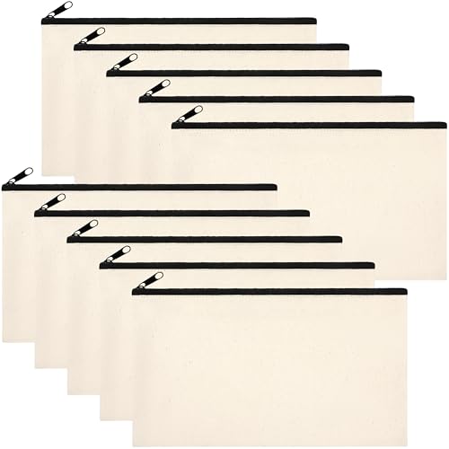 Phicorn Blank Canvas Zipper Pouches, 10-Pack, 8.2 x 5 in, Lined