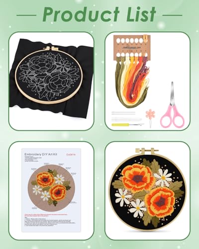 ERKOON Embroidery Kit for Beginners, Flower Cross Stitch Set Include Embroidery Cloth Hoops Threads for Craft Lover Hand Stitch with Embroidery Skill Techniques (Floral) - color: Floral