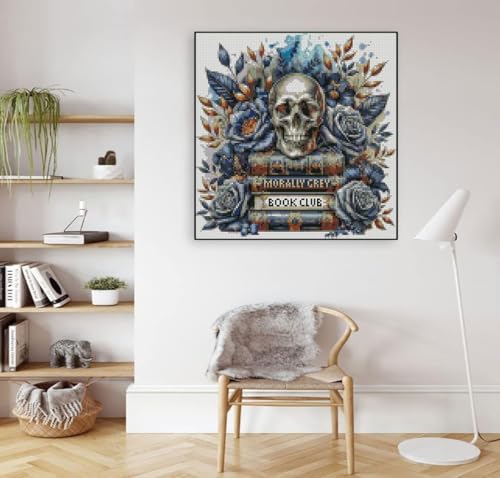 Skull Stamped Cross Stitch Kits Skull and Book Cross Stitch Patterns,Dimensions Cross Stitch Kits Embroidery Kit Arts and Crafts for Beginners 13.7x13.7 inch - color: D006