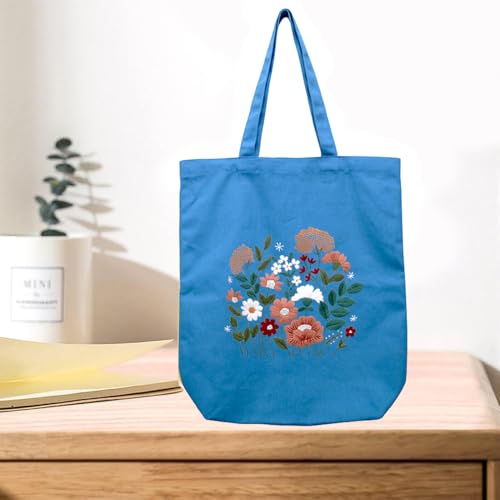 CREAWONDER Canvas Tote Bag Embroidery Kit with Pattern for Beginners, Arts and DIY Embroidery Crafts Kits for Adults, Include Instructions, Thimble, Embroidery Hoops, Color Threads and Tool - color: CR002 huaguangpianran darkblue