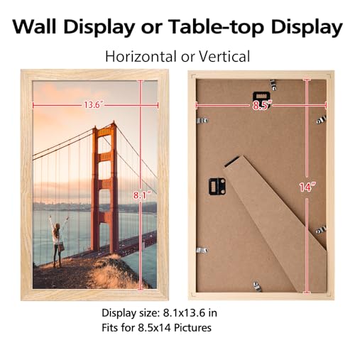 KINLINK 8.5x14 Picture Frame, Natural Solid Wood Frame with Acrylic Plexiglass for Pictures 8.5x14 without Mat, Tabletop and Wall Mounting Display Photo Frame 1 Pack - color: Natural, size: 8.5x14