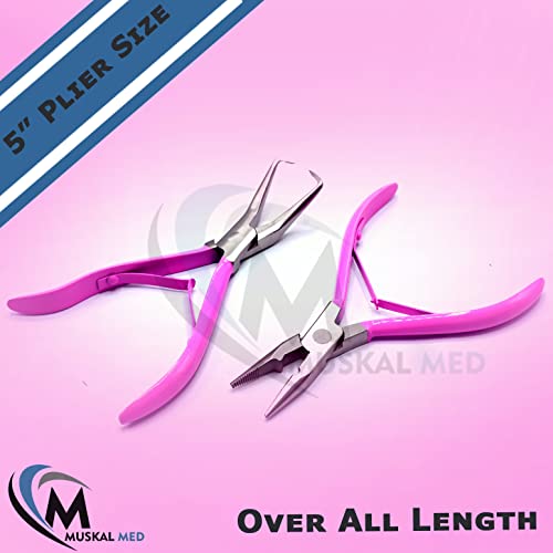 Professional Hair Extension & Beading Tool Kit Remove Plier Set for beads (4 Piece) I-Link Micro Ring Loop Needle Pulling Hook Threader Wire for Silicone Rings (Hot Pink) - color: Hot Pink