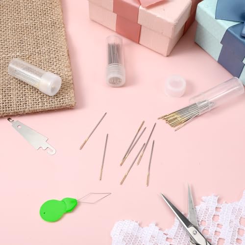 90 Pieces Cross Stitch Needles 22 & 24 & 26 Gauge Golden Large Eye Embroidery Hand Sewing Needles Stainless Steel Embroidery Needles in Clear Box with 2 Needle Threader