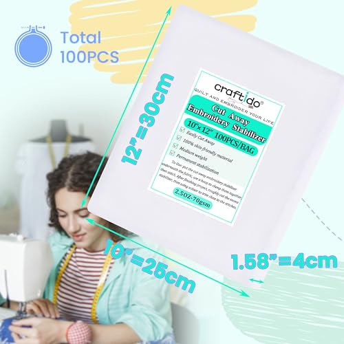 Craftido 12"x10" 100 Sheets Cut Away Embroidery Stabilizer - size: 10"x12" 100sheets