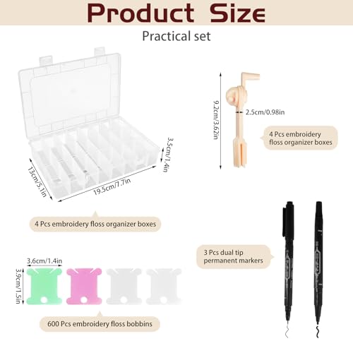 ENIPEDITA 610 Pcs Embroidery Floss Organizer Kit, 4 Removable 24 Grid Thread Storage Boxes, 600 Plastic Bobbins 3 Bobbin Winders, 3 Twin Tip Markers for Craft Storage, DIY Sewing, Cross Stitch