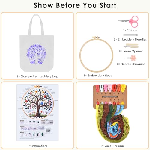ERKOON Embroidery Canvas Tote Bag for Beginners, Needlepoint Arts Crafts Cross Stitch Kits for Adults Including Stamped Embroidery Bag with Hoops, Needle, Instruction and Color Threads (Tree) - color: Tree