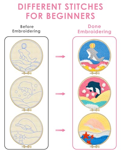TINDTOP Punch Needle Kits, 3 Pack Punch Needle Embroidery Kits for Adults Beginner, Tool with Punch Needle Fabric, Hoops, Yarns and Sewing Needles (Dolphin) - color: Dolphin