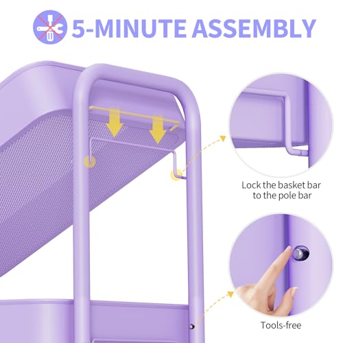 TOOLF 3 Tier Metal Rolling Cart, Utility Storage Cart with Wheels, Purple - color: Purple, size: 3-Tier