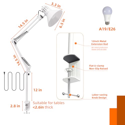 White Desk Lamp with Clamp, Extra-Tall Adjustable Metal Swing Arm, 5000K - color: White, size: 5000K Natural Daylight-Extra Long Swing Arm
