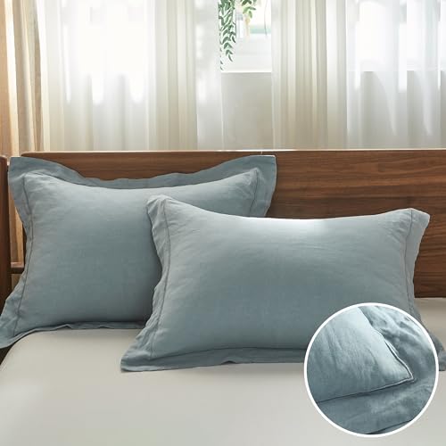 Simple&Opulence 100% French Linen Pillowcases with Embroidery – Pack of 2, Washed Solid Color Natural Flax, Soft & Breathable - Dusty Blue, 20'' x 26'' - color: Dusty Blue, size: Queen