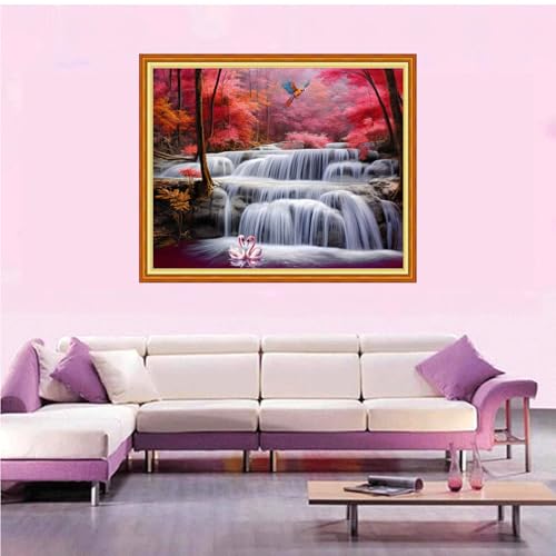 Artvxeay Stamped Cross Stitch Kits Beginners Full Range of Embroidery Starter Kits for Adults Printed Cross Stitching DIY Needlepoint Kit 11CT-Autumn Waterfall 16x20 inch - color: Color67