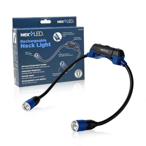 NextLED NT-6763 Rechargeable Neck Light, 500 Lumens Mechanic Neck Light with Adjustable Spot/Flood Beams, Flexible Arms, Magnetic Mounts, Replaceable Battery, Wearable Flashlight for Work & Repair
