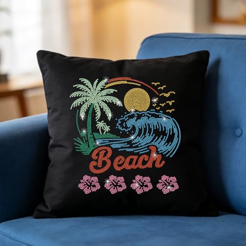 1 Pcs Beach Palm Iron on Rhinestones Transfer, Sea Wave Summer Hot Fix Iron on Patch Transfer Decals Crystal Heat Transfer Clothing Repair Decor for T-Shirt Hat Jacket Holiday Party - style: Beach Palm
