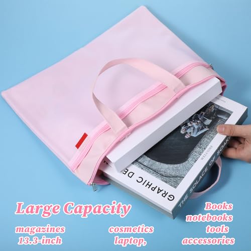 Needlepoint Project Bag 13.6" x 11" Mesh Zipper Pouch Double Pocket Waterproof Carrying Bag with Handle for Sewing Organizer Storage Arts Coloring Books Cross Stitch Embroidery Supplies(Pink)