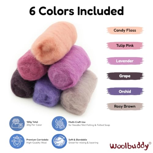 Woolbuddy Corriedale Wool Roving for Needle Felting (Pink Purple) 20g Each - color: Purple