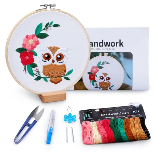 BERYA Owl Embroidery Kit, Embroidery Kit for Adult, Owl Pattern Practice Kit, Including Video Step by Step Instructions, Embroidery Hoop, Cloth, Needles and Thread for DIY Craft Lover (BEO013) - color: owl yellow