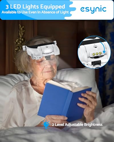 eSynic Type-C Rechargeable Magnifying Glasses Headset-Up to 14X Magnification with 5 Interchangeable Lense-3 LED Lights with 2 Adjustable Brightness Levels-Comfort & Fit Headband for Crafts/Reading