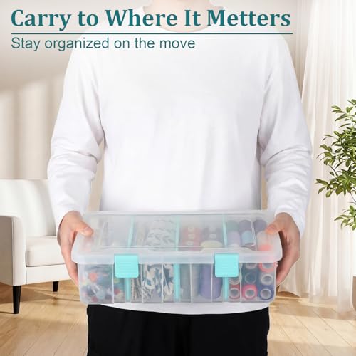 BTSKY Clear Plastic Dividing Storage Box with 4 Compartments Sewing Box - size: 13.3x8.1x3.4 Inches-Clear