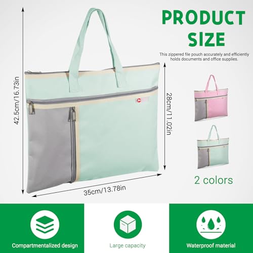 2Pcs A4 Waterproof Document Bag File Organizer, 3 Pockets Oxford Zipper Pouches for Organizing with Handle, Notary Bag for Paper Books Project Tote Bag, Green and Pink