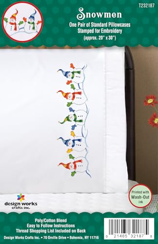 Design Works Crafts Tobin Stamped Pillowcases, Snowman Row, 20" x 30" Embroidery Kit, white