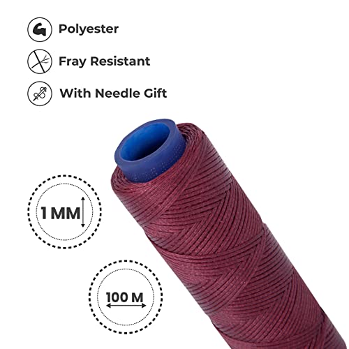 Waxed Thread, Strong Thread for Leather, Upholstery, Shoe, Bag, incl. Needle (Colour: Bordeaux) - color: Bordeaux