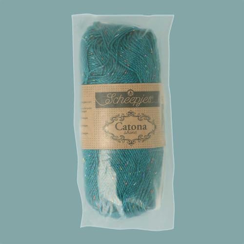 Scheepjes Catona Shine Cotton-Blend Yarn, 50g, 401-R Dark Teal/Rainbow - color: 401-R Dark Teal - Rainbow