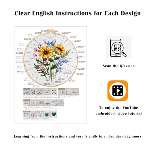 Vigdit Canvas Tote Bag Embroidery Kit for Beginners, Needlepoint Cross Stitch Kit for Adult Beginner, DIY Reusable Grocery Bags Embroidery Starter Kit with Stamped Floral Tools & Instructions - color: Flower3