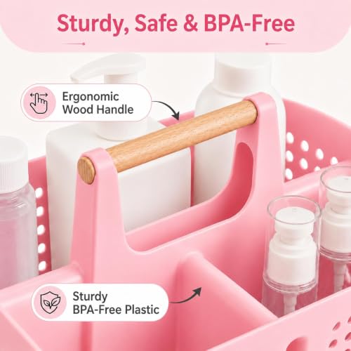 Portable Shower Caddy Basket with 3 Compartments and Handle, Caddy Pink - color: Caddy Pink