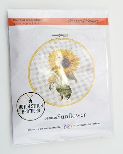 DUTCH STITCH BROTHERS - Sunflower Counted Cross Stitch 6" Hoop and Pattern Included - Cross Stitching Kits for Adults Advanced and Beginners - color: DSB039 Aida