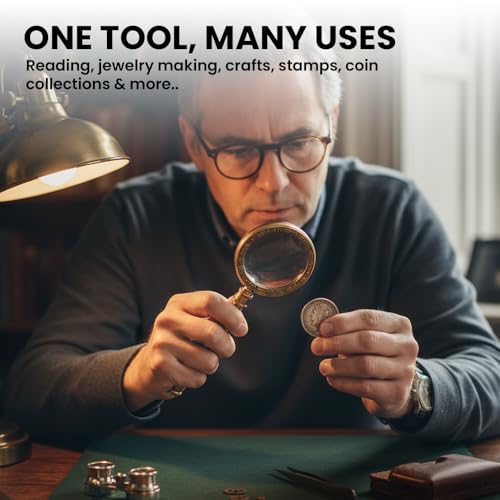 Brass Manifer Magnifying Glass with Leather Storage Case, Handmade Magnifying Lance, Vintage Look, Antique Style, Reading, Low Sight Elderly, Collectible - style: Brass Handel with Leather Case