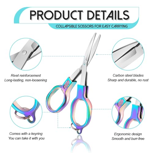 2PCS Folding Scissors, Color Stainless Steel Portable Travel Scissors, Foldable Pocket Badge Mini Small Scissor with 2 Key Ring, Gift for Men Safety Scissor for Outdoor, Fishing, Sewing, Home, Office - color: Color