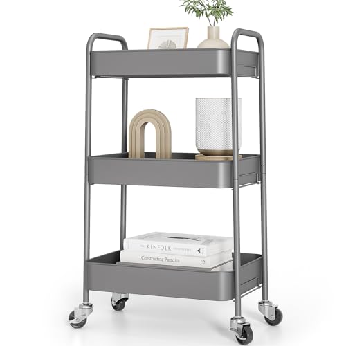 TOOLF 3 Tier Metal Rolling Cart, Utility Storage Cart with Wheels, Grey - color: Grey, size: 3-Tier