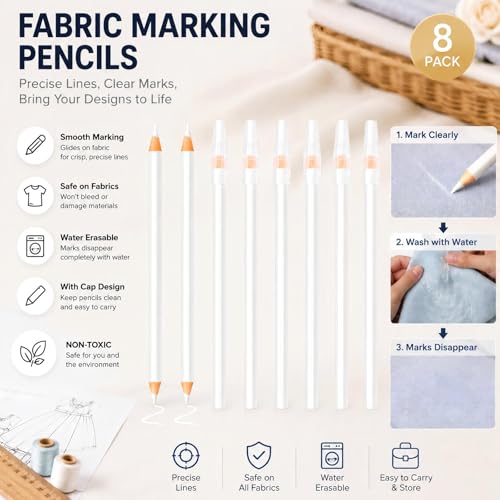 Fabric Marking Pencils 8PCS 17.5cm for Sewing | Washable White with Caps