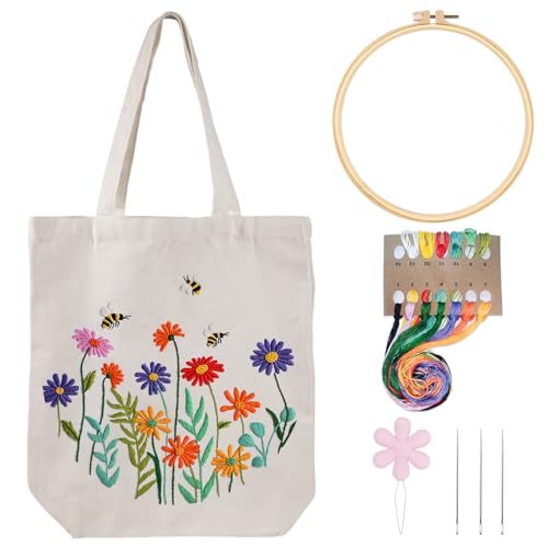 Louise Maelys Bee and Flowers Embroidery Kit for Beginners Canvas Tote Bag - color: daisy flower