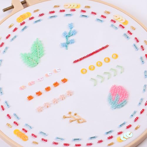 Harimau Bead Embroidery Kit for Adults, with Red and Pink Flowers, DIY Kit Includes Embroidery Beads, Thread, Stitch Book & Tambour Tools, Perfect Set for Starters - color: Orange