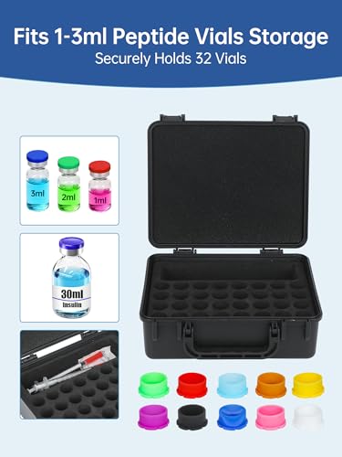 Peptide Case | Peptides Vials Case, Vial Storage+Vial Caps (3ml - 32Slots) - color: 32-shots×3ml + 1-slot×30ml + 10 Vial Caps (Black)