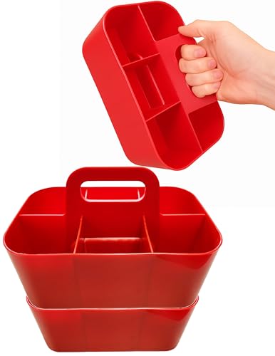 3 Pack Small 6 Compartment Multiuse Caddy Organizer with Handle Art Craft Supplies, Office, Desk, Stationery Pen Holder Stackable- Made In USA (Red) - color: Red