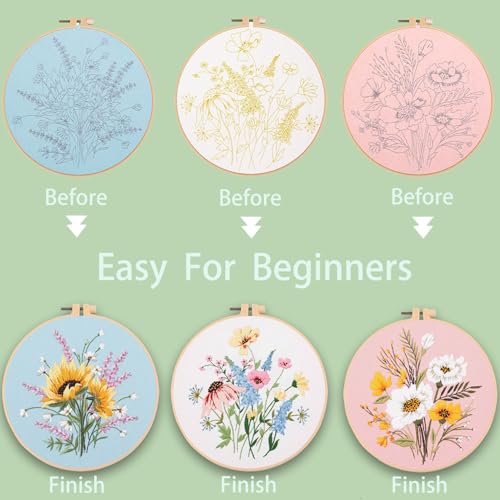 Ohcol 3 Sets Embroidery Kit,Cross Stitch Kits Needlepoint Kits for Adults Beginner,Needle Point Kits with Washable Pre-Printed Floral Pattern,Hoops,Women DIY Hand Crafts - color: Flowers (3 Patterns,1 Hoop+ Extas)