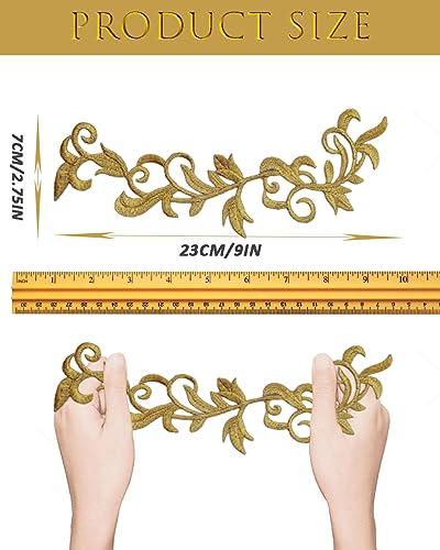 6 Pieces Metallic Leaves Embroidered Iron on Patch Flower Vine Border Lace Applique Long Scroll Motif for Dress Pillow Sewing Accessories Embellishment (Gold) - color: Gold