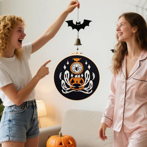 Halloween Embroidery Kits for Beginners Adults, Ghost Embroidery Starter Kits, Halloween Cross Stitch Kits for Beginners Adults Hobbies for Women, Embroidery Fabric, Threads, Hoops and Video Tutorial - color: H2010