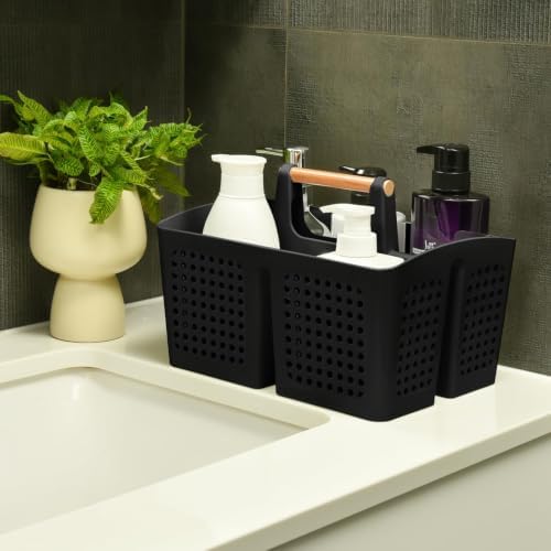 Portable Shower Caddy Basket with 3 Compartments and Handle, Black - color: Black