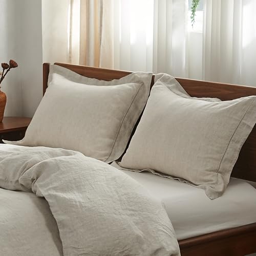 Simple&Opulence 100% French Linen Pillowcases with Embroidery – Pack of 2, Washed Solid Color Natural Flax, Soft & Breathable - Linen, 20'' x 26'' - color: Linen, size: Queen