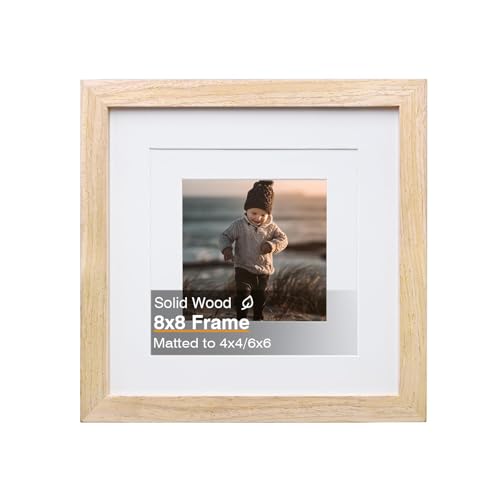 KINLINK 8x8 Picture Frame, Natural Square Solid Wood Frame for Pictures 4x4 and 6x6 with Mat or 8x8 without Mat, Wall and Tabletop Display Photo Frame Natural Wood Photo Frame 1 Pack - color: Natural, size: 8x8