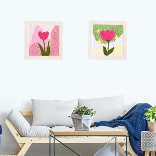 Allazone Punch Needle Embroidery Kit, Square Frame with Green and Pink Tulip Pattern, Includes Frame, Stand, Punch Needle, Scissors, Yarns, Adults Beginner Friendly - color: Green and White-2